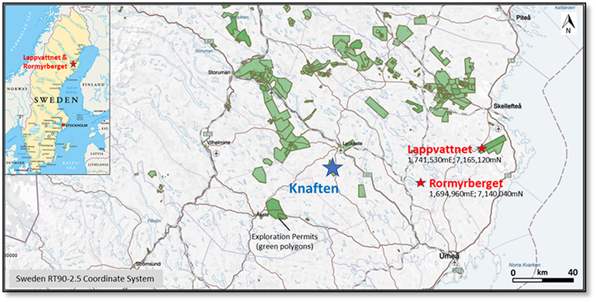 Figure 1: Lappvattnet and Rormyrberget Ni-Cu Properties in Sweden (Vasterbotten District) - Exploration Permits Location Map